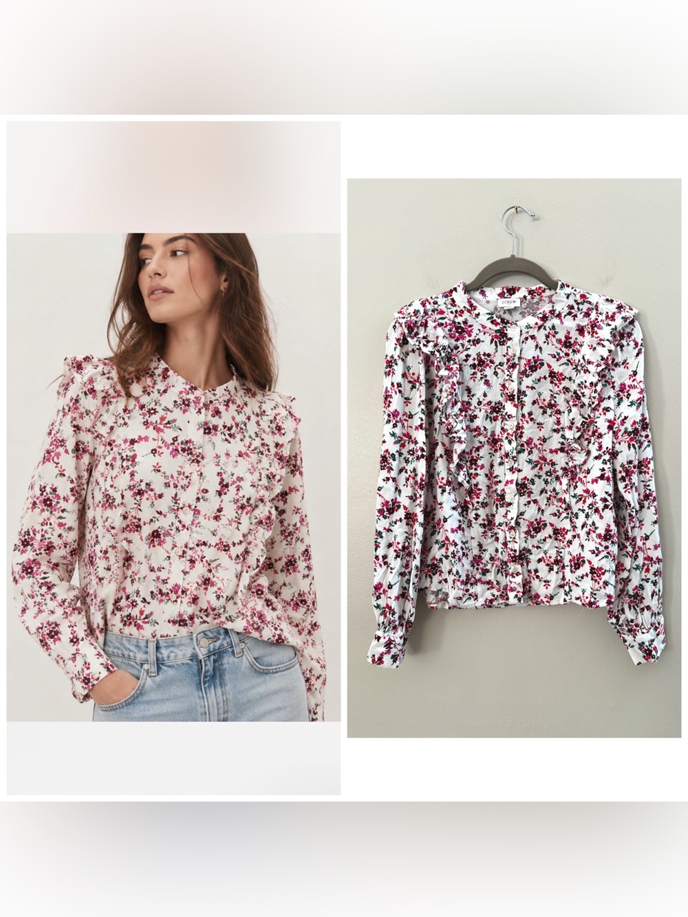 J Crew Floral Ruffle Button Up Long Sleeve Cottagecore Girlhood Blouse Small